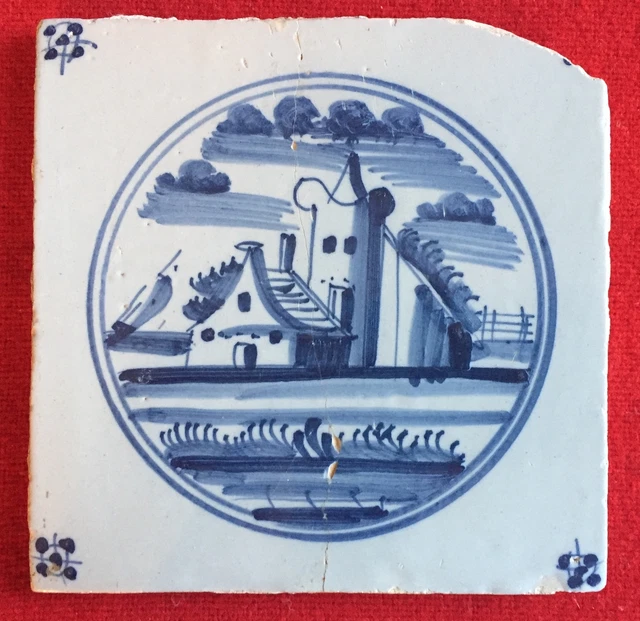 Antique 18th / 19th century Delft Tin Glazed Landscape Tile Blue & White Castle