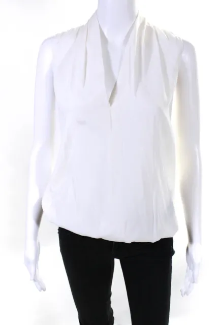 Ramy Brook Womens Silk Ruched Hem Collar V-Neck Sleeveless Tank Top White Size S