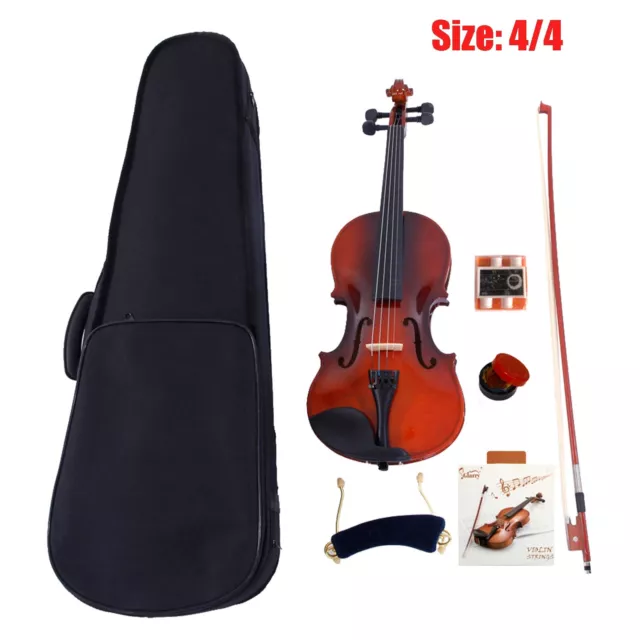 New Natural 4/4 Size Acoustic Violin Full Set with Case + Bow + Rosin + Bridge