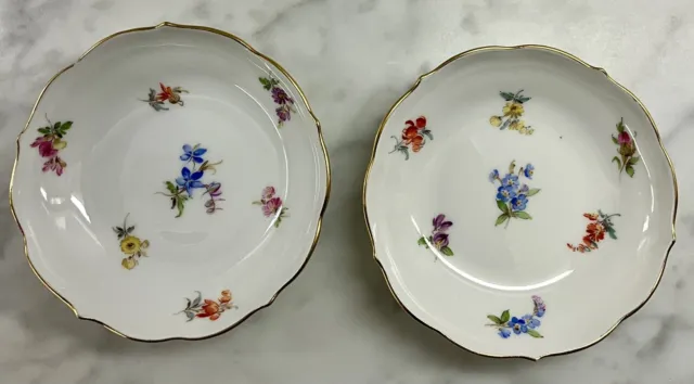 2 Antique Meissen Strewn Scattered Flower Gold Fluted Rim Saucers Button Swords