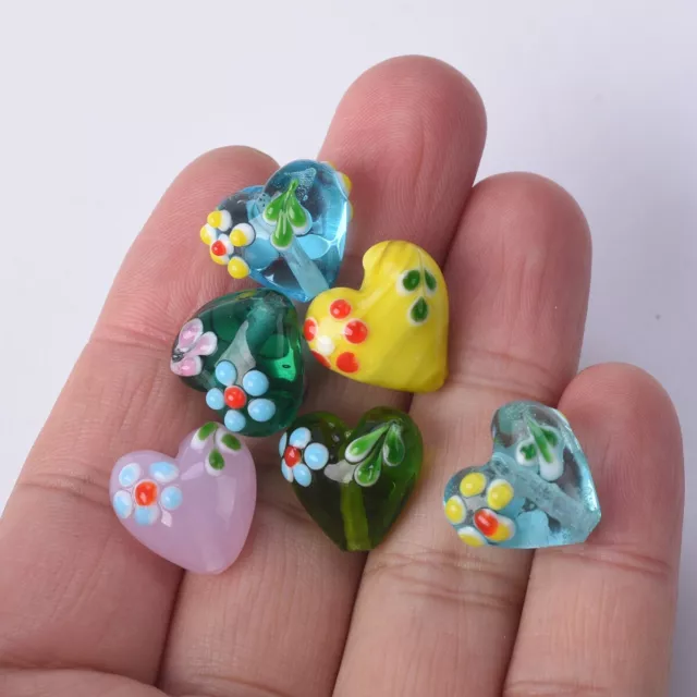 5pcs Handmade Heart 16x14mm Flower Pattern Lampwork Glass Loose Crafts Beads 3