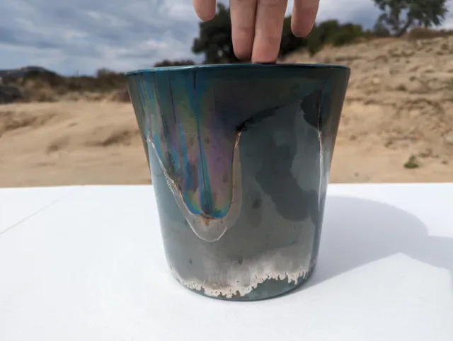 Nielsen’s Extraordinary Ceramics Green Silver Rainbow Iridescent Planter Vase 8”