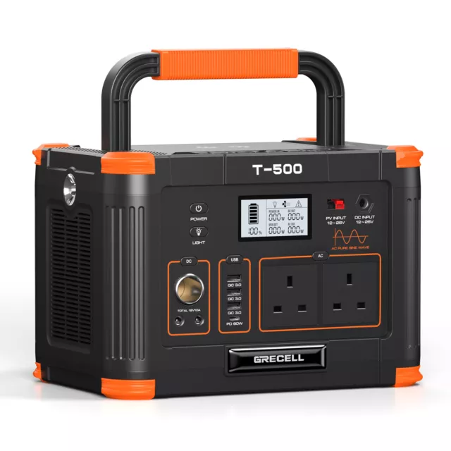 GRECELL Portable Power Station 500W(Peak 1000W）Holiday Camping  Solar Generator