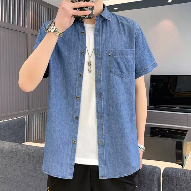 Mens Denim Shirts Slim Fit Short Sleeves Washed Jeans Cotton Casual Shirts Tops