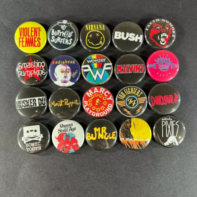 90's Rock Bands 1" Button Pin Set Grunge Alternative Indie Rock (20 Pins total)