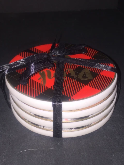 Charming Charlie Coaster Set 4 Plaid Design NEW Gold Trim