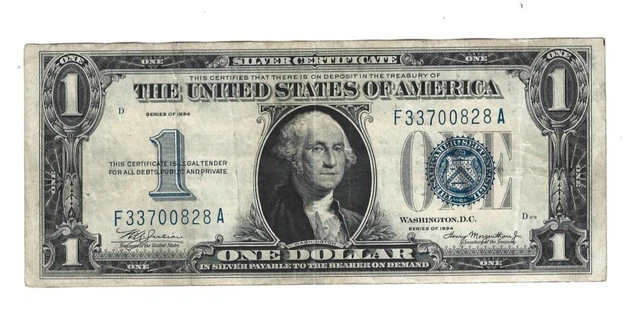 1934 $1 One Dollar Silver Certificate FR. 1606 “FUNNYBACK” # F 33700828 A