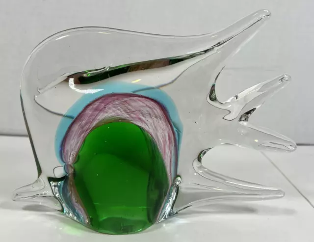 Blue Green & Pink Stripe 6” Art Glass Angel Fish Figurine Murano Type