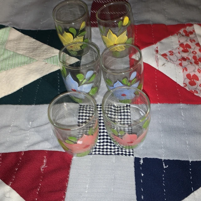 6 Vintage Bartlett Collins Hand Painted GAY FAD Clear Glasses Pastel Flowers