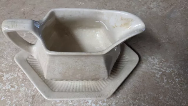 Vintage Adams Real English Ironstone Gravy Boat & attached Underplate beige