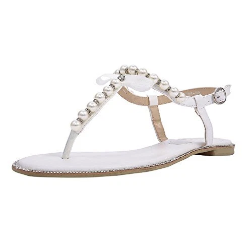 SheSole Womens White Sandals Dressy Pearl Rhinestone Summer Bridal Wedding Sh...