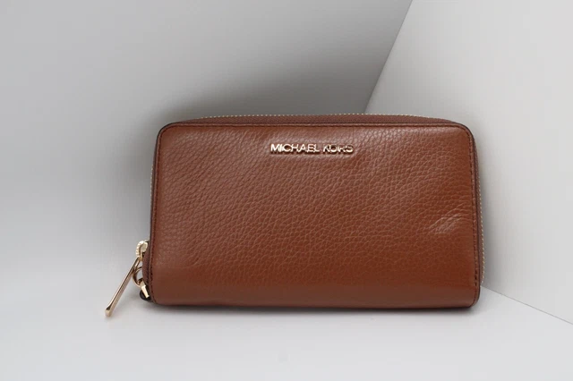 Michael Kors Jet Set Travel Phone Case Wallet Wristlet Brown Leather Luggage NWT