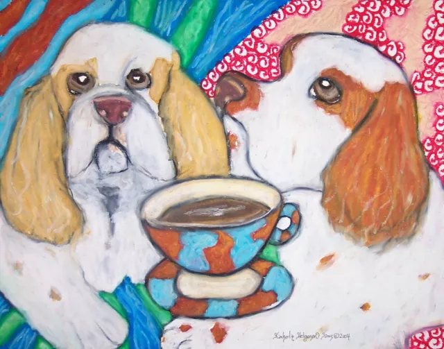 CLUMBER SPANIEL Drinking Coffee Dog Art 8.5 x 11 Print Signed by Artist KSAMS