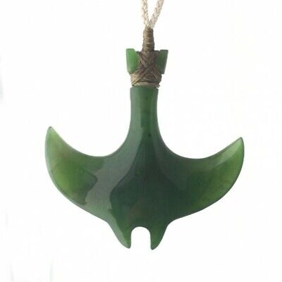 Genuine Natural Green Nephrite Jade Manta Ray Pendant Necklace on Cord
