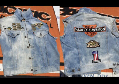 VINTAGE - LEVI*STRAUSS Harley Davidson Blue Denim vest. Lots of OLD patches/pins