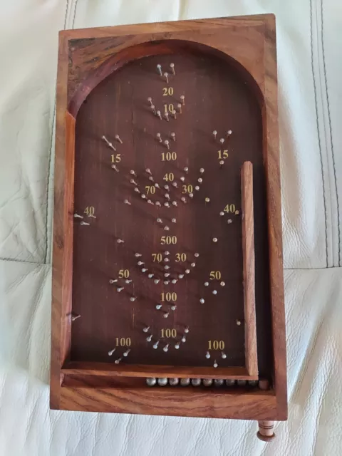 Vintage Wood Past Times Tabletop Bagatelle Board/Pinball Metal Marbles Pub Game