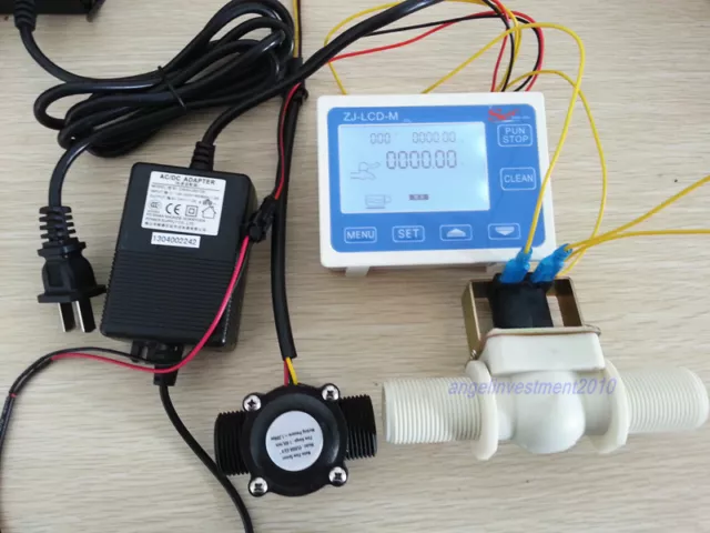 NEW 1/2" Water Flow Control LCD Meter + Flow Sensor Solenoid valve Power Adapter