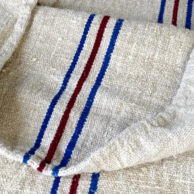 Blue and red striped grain sack grainsack linen fabric antique feed sack stripe