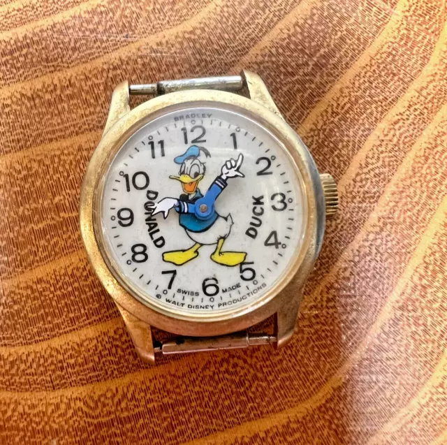 Vintage Swiss Made Bradley Watch Disney DONALD DUCK w/ Leather Band - Keeps Time