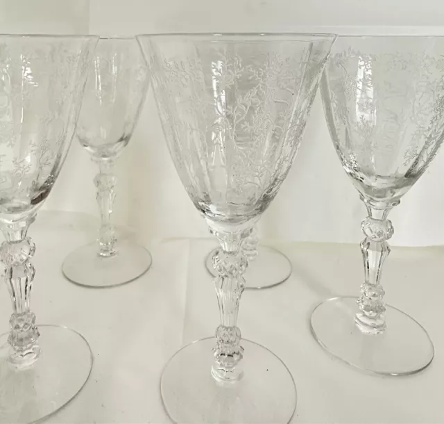 Vintage Antique Elegant Glass Floral Flower Wine Glasses etched  Set Of 6