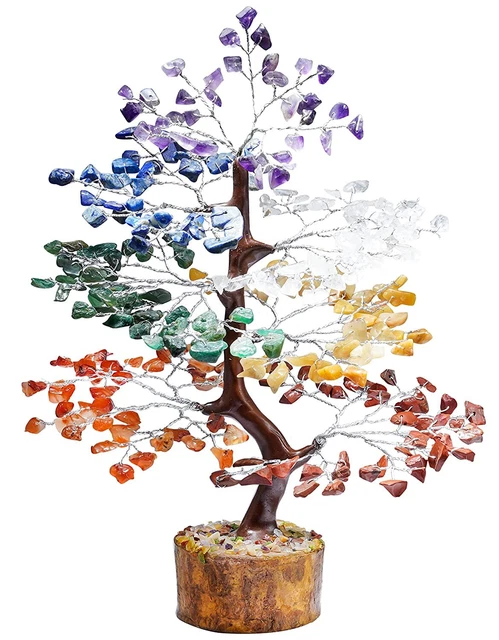 Large 7 Chakra Crystal Gemstone Bonsai Money Tree Good Luck Prosperity FengShui