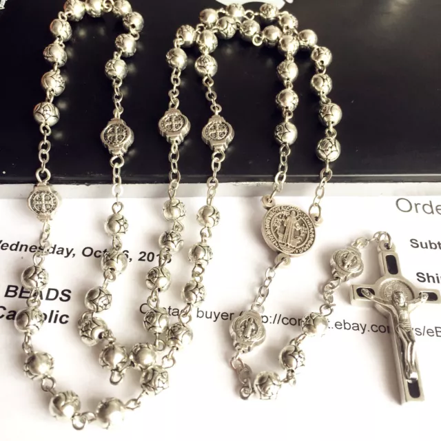 St.Benedict Rosary & Italy Crucifix Cross Silver Rose beads Catholic necklace