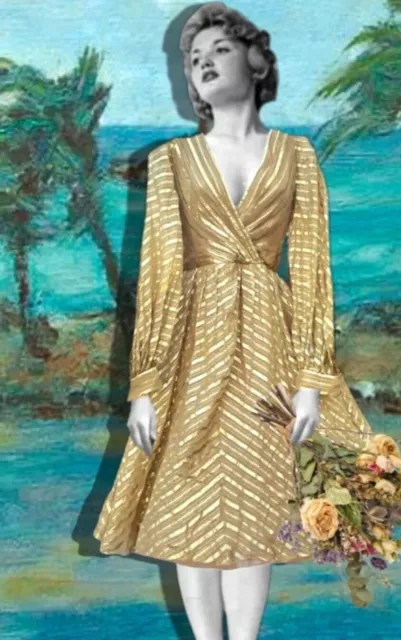 Vintage 1970 S Jill Richards Gold Lame Silk Chiffon Dress Long Sleeves Disco 135 00 Picclick