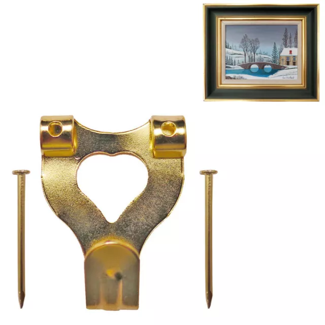 Picture Hanging Double Hook & Pins Brass Quality Frame Mirror Photo Hanger Nails