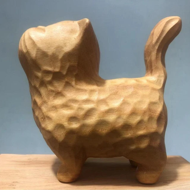 Chinese Boxwood Wood Hand Carved Cat Statue Netsuke Figure NEW