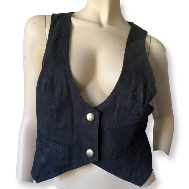 Ladies Vintage 80s 90s Black Denim Deep V-Neck Sexy  Waistcoat - M