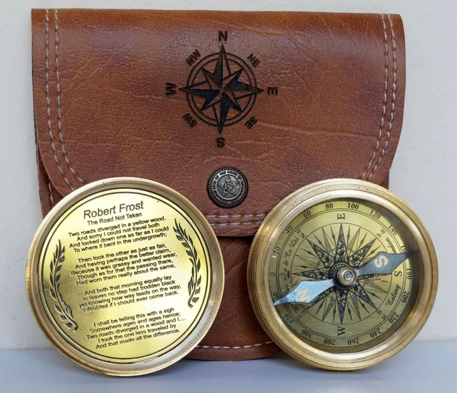 ANTIQUE BRASS GOLDEN 100 Year Calendar With Poem Compass Leather Case