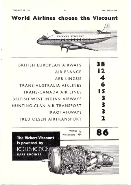 (Aab3) Advert 11X8" The Vickers Viscount Is Powered By Rolls-Royce Dart Engines