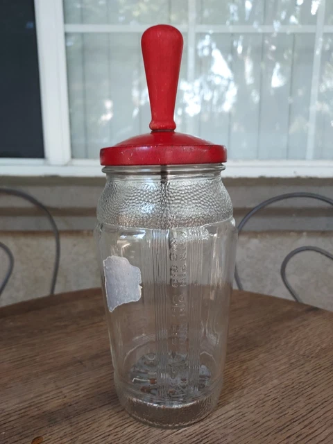 Vintage Ribbed HOOSIER STYLE Shaker Jar With Red Lid & Mixer Wood Top Knob Gradu