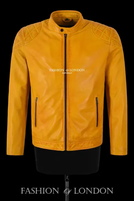 Men's Cafe Racer Biker Leather Jacket Yellow Waxed Retro Style Motorbike Jacket