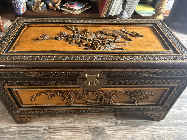 Vintage Oriental Hand Carved Camphor Wood Wedding Chest Trunk