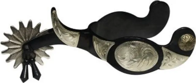 New! Black JINGLE BOB STEEL SPURS w/ Oval conchos Engraved silver bar accents