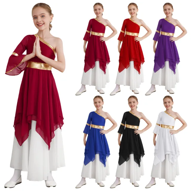 Kids Girls Maxi One Shoulder Dancewear Patchwork Dress Shiny Teen Decorations