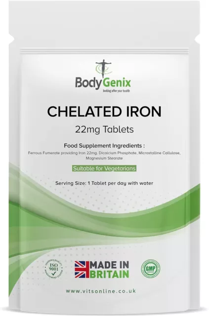 Chelated Iron 22mg Tablets, Bodygenix UK | Natural Health Mineral Supplement