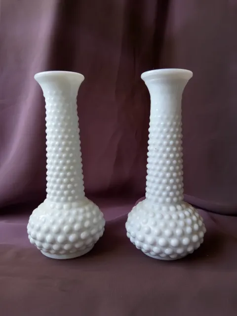 Lot of 2 Vintage E. O. Brody White Milk Glass Floral Hobnail Bud Vases USA 7.75"