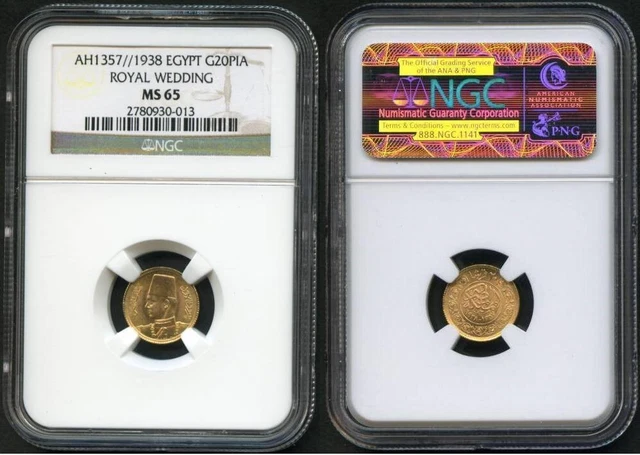 Egypt NGC MS65 Gold Coin 1938 Twenty Piastre King Farouk Royal Wedding (EGC316)