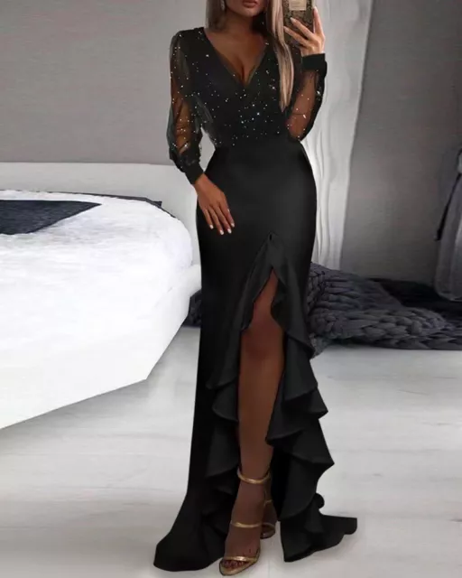 Womens Sequin Long Maxi Dress Shiny Ruffle Cocktail Evening Prom Party Ball Gown