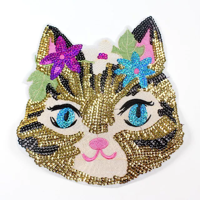 Fashion Embroidery Sequins Cat Head Applique Cloth Paste Sew Ironing Patchs DIY