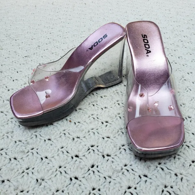 Vtg Soda Clear Acrylic Wedge Heels Sandals Rhinestone Studded Womens Pink - 7