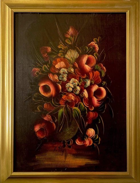 quadro vecchio dipinto olio su tela vintage natura morta fiori rose con cornice