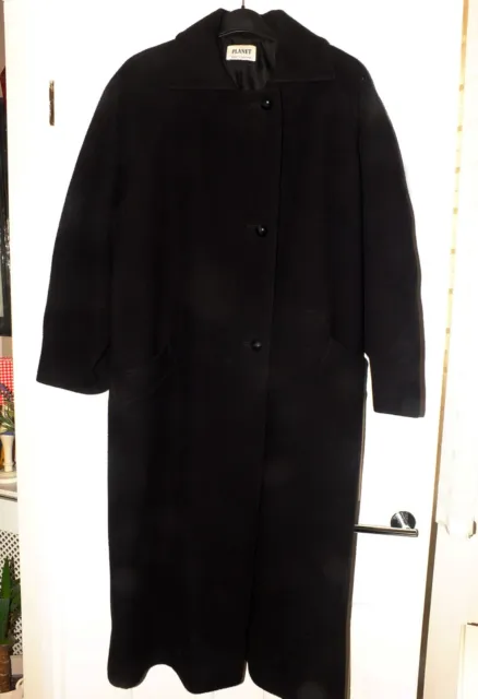 Ladies Planet Pure Black Long Length Pure Wool Coat Size 14