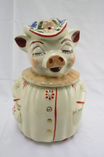 SHAWNEE WINNIE Smiling Pig Cookie Jar Flower Hat Red Hooves 1940s Vintage USA