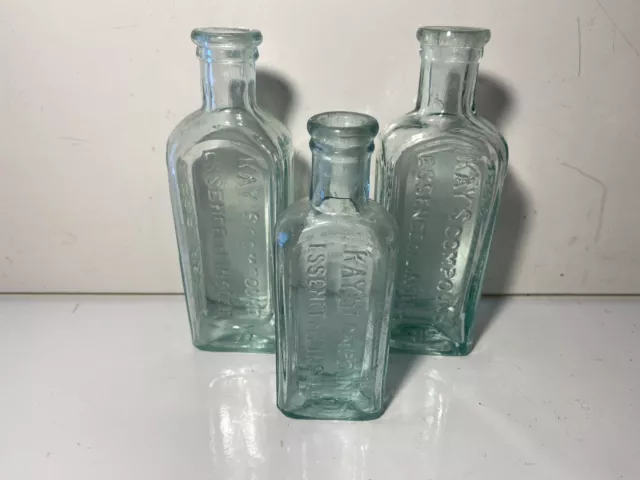 Antique Vintage Kay Brothers Stockport Linseed Compound Clear Glass Bottles x 3
