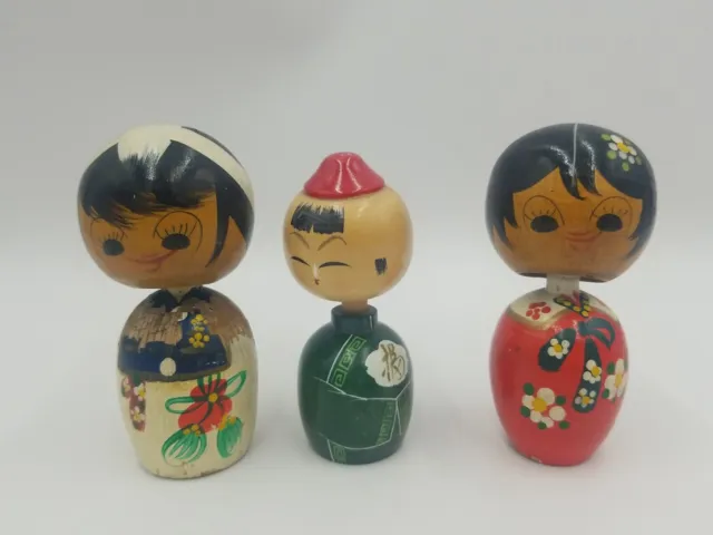 Set of 3 Wooden Hand Painted Japanese Bobble Head Kokeshi Dolls 2 Women 1 Man