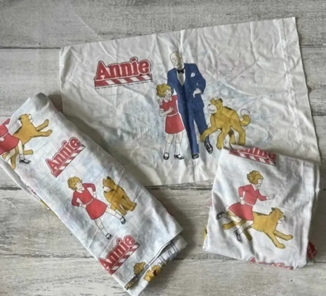 Juego de 3 hojas dobles vintage 1981 pequeña huérfana Annie funda de almohada musical