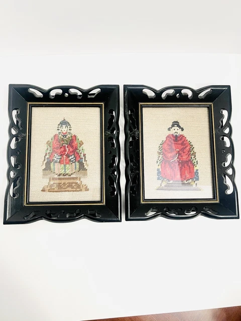 Vintage Pair of Chinese Ancestral Portraits Needlepoint Colorful In Black Framed